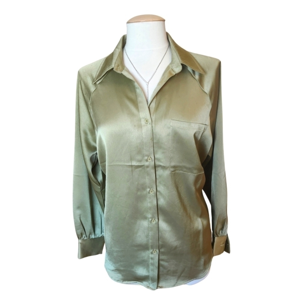ACOA  Sage Green Satin Button Up Blouse